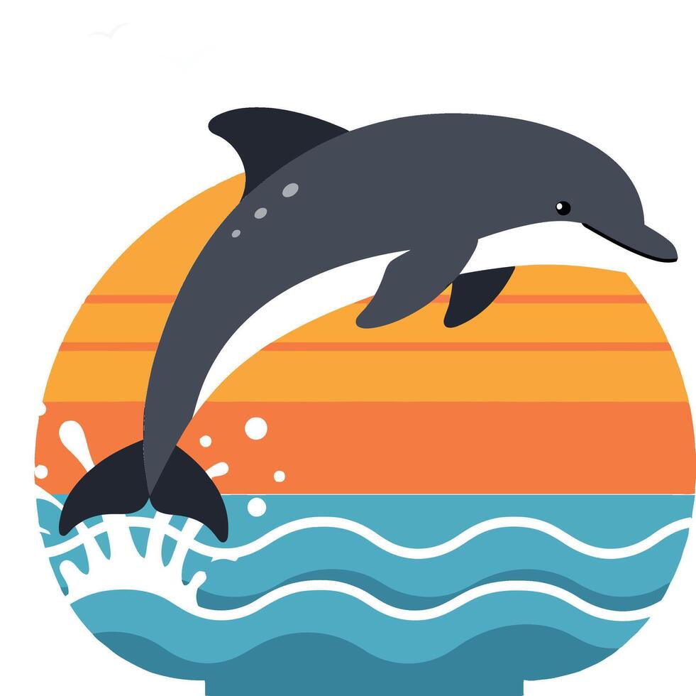Dolphin jumping over waves with sunset background in flat art style illustration vector