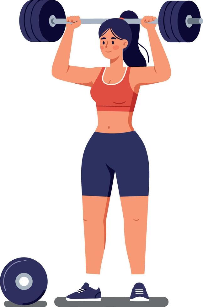 Strong woman lifting weights in a flat design style showcasing fitness and determination through art vector