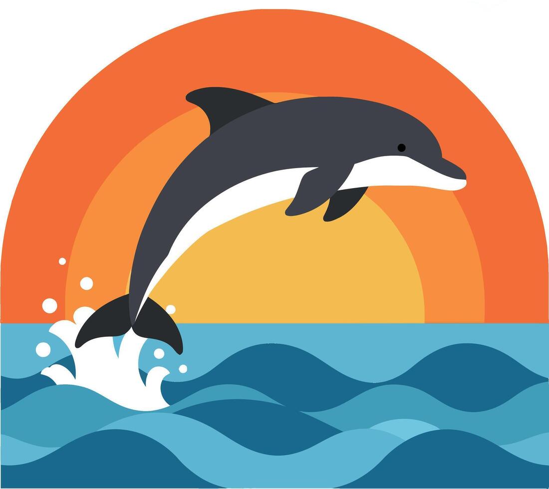Dolphin leaping through ocean waves at sunset in minimal flat art vector