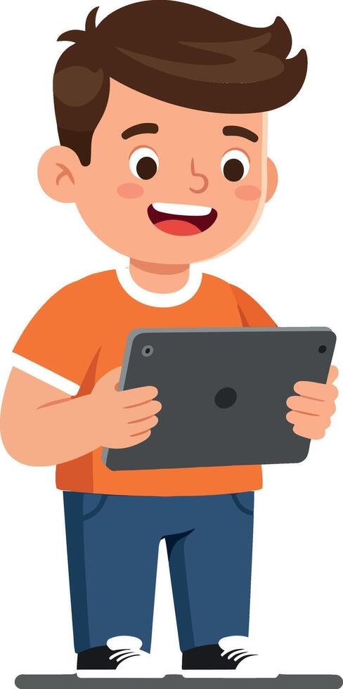 Happy child holding a tablet in flat and colorful design style illustration vector