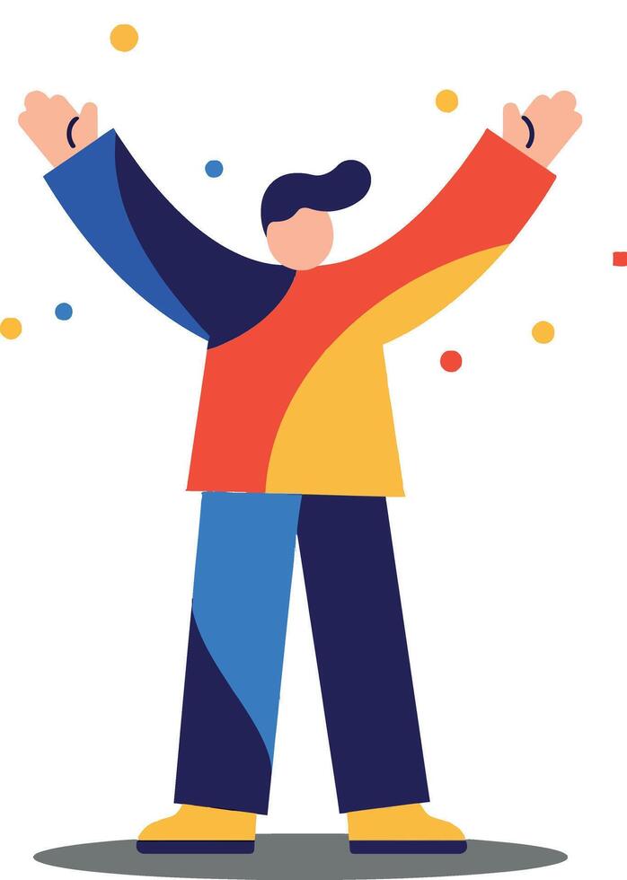 Colorful character celebrating joyfully with raised arms in flat art style illustration vector
