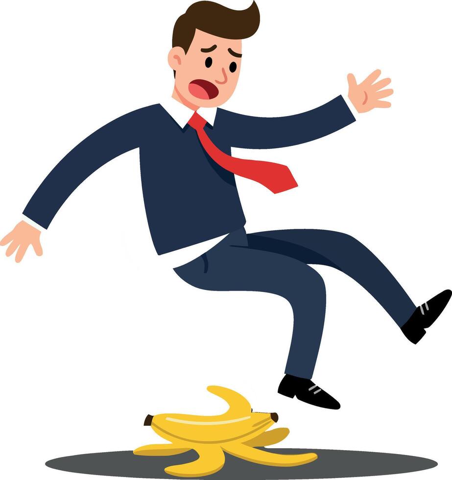 Businessman slipping on banana peel in flat design style illustration vector