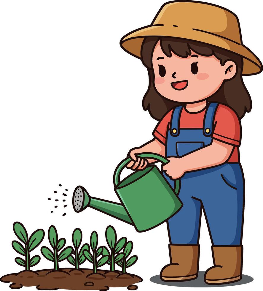Young girl watering plants in a garden with a watering can in flat illustration vector