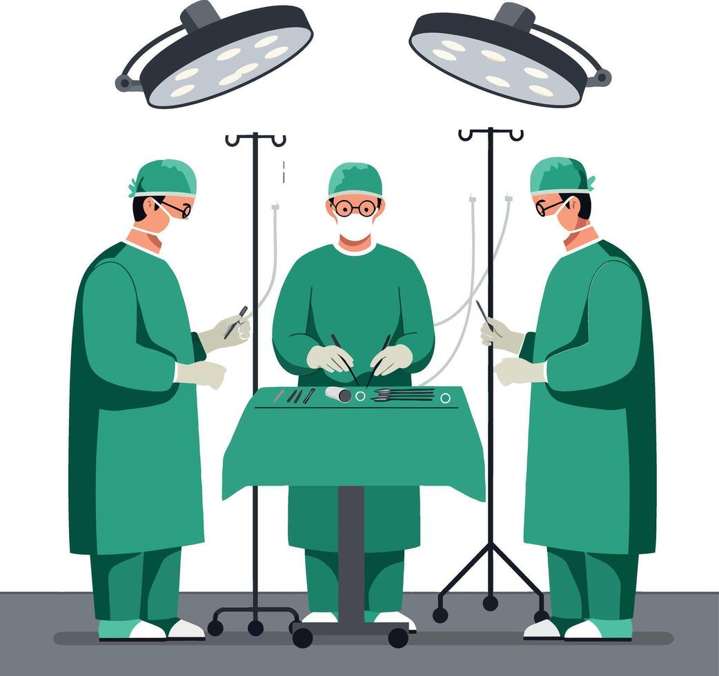 Surgeons in green scrubs performing an operation in a flat and minimalist design art vector