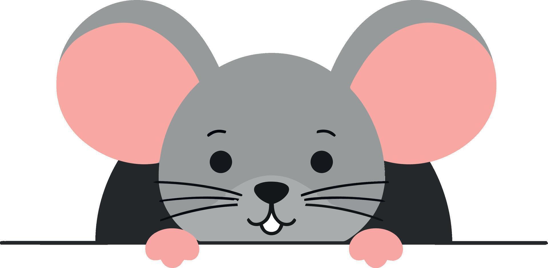 Cute gray mouse character peeking over a surface in flat art style, perfect for childrens illustrations or designs vector