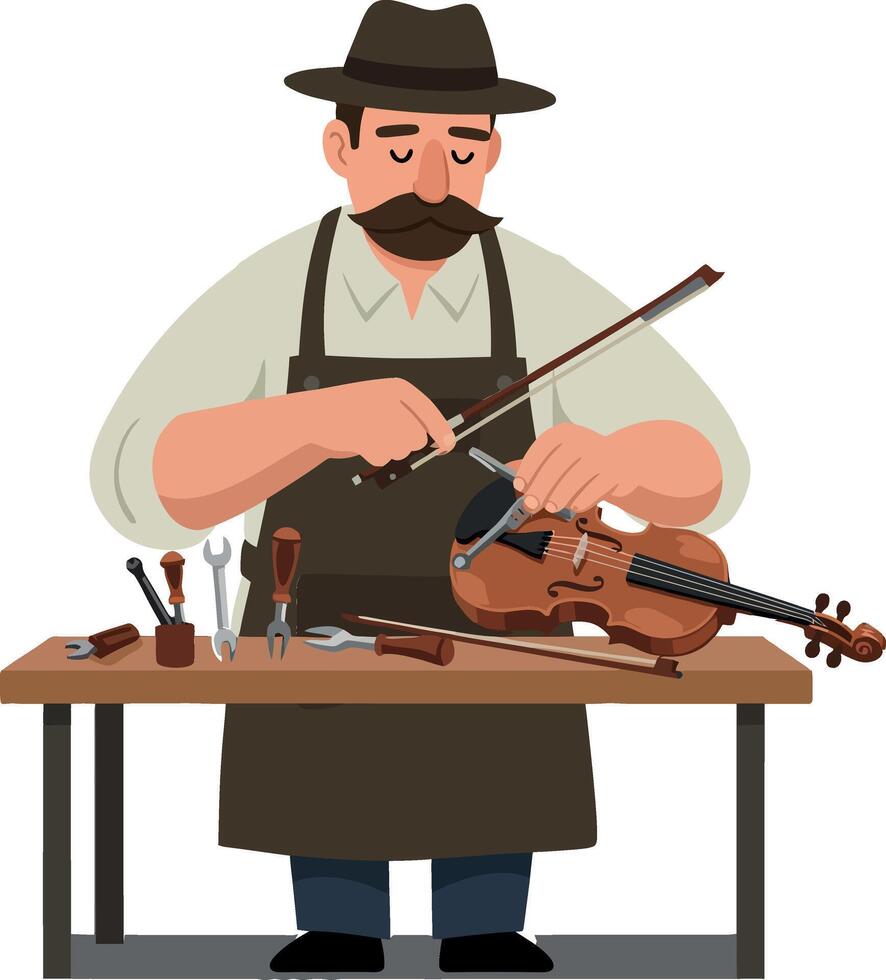 Violin maker repairing instrument with tools in minimal flat design art vector