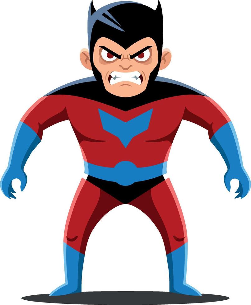 Bold superhero character design in flat style showcasing strong posture and vivid colors in illustration vector