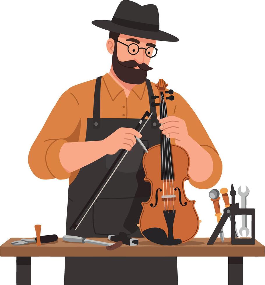 Luthier repairing a violin in flat design style, showcasing detailed tools and craftsmanship in art vector