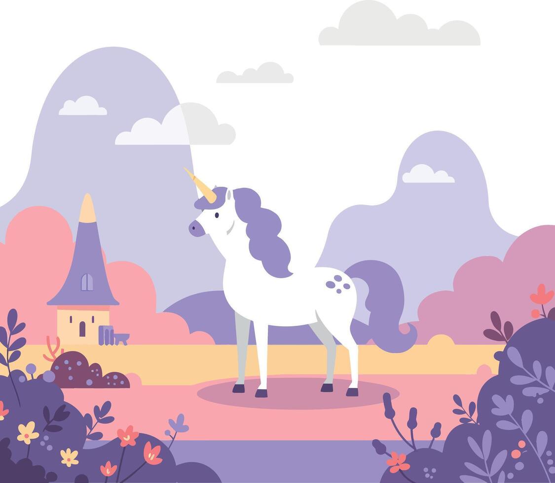 Enchanted unicorn standing proudly in a whimsical landscape with flat design style illustration vector