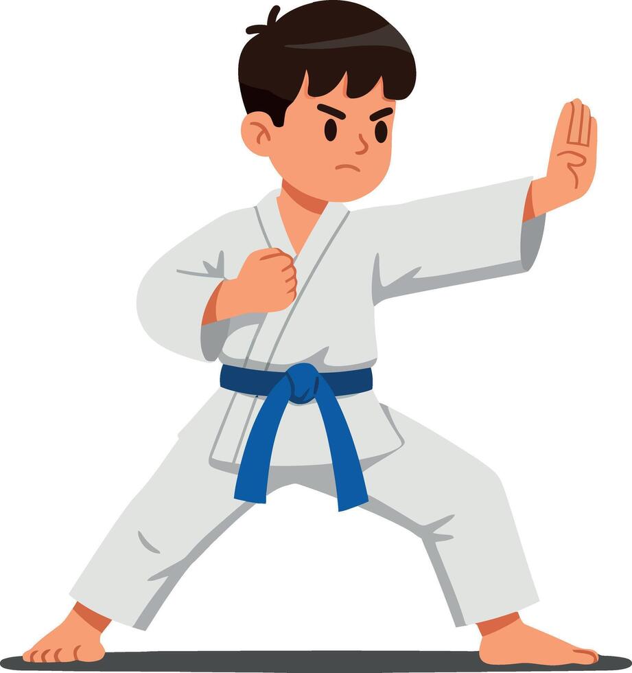 Young martial artist in action pose, flat design showcasing determination and focus in illustration vector
