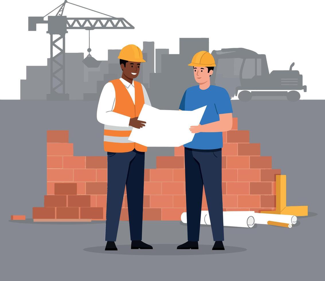 Construction workers collaborating on blueprints in minimal flat style art vector