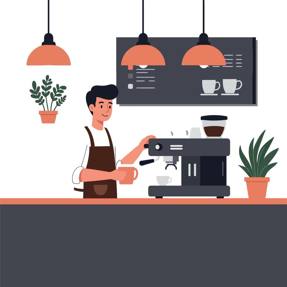 Coffee barista preparing a fresh cup of coffee in a minimal flat art illustration vector
