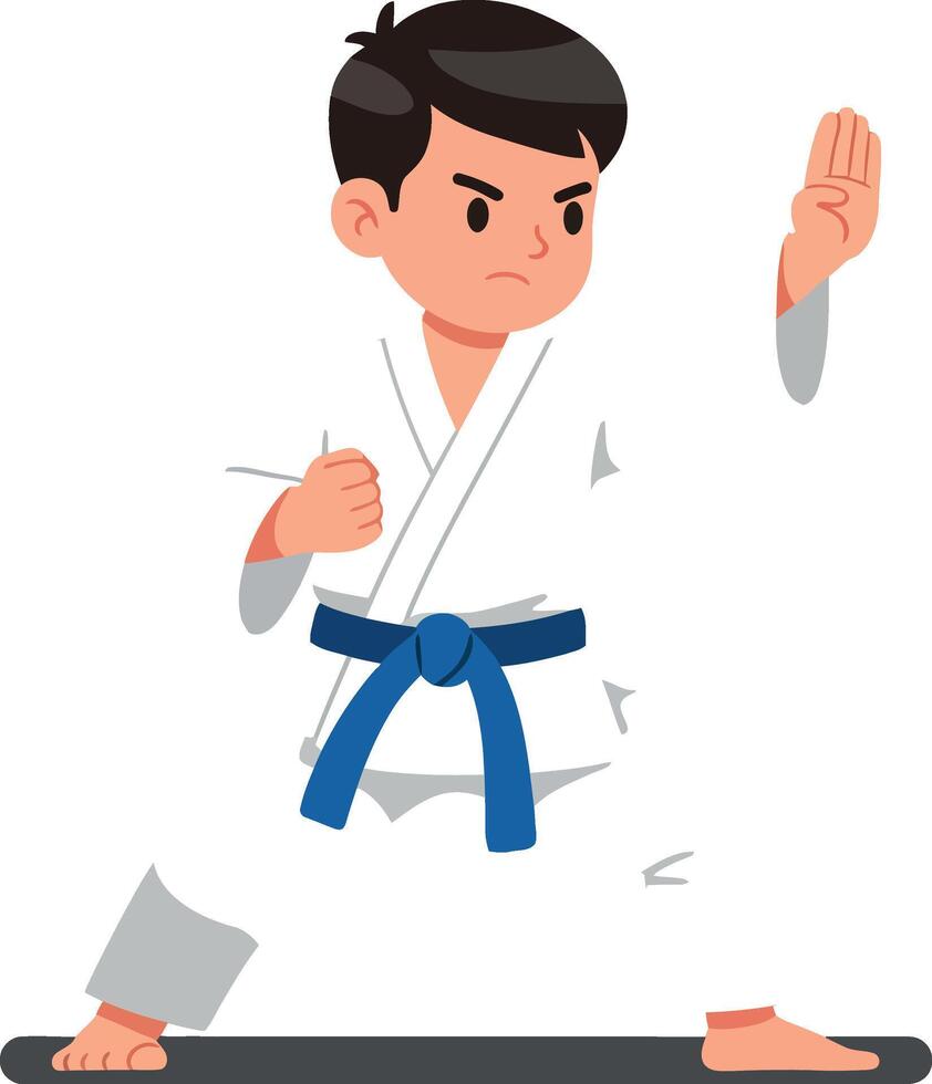Karate student in action pose, flat design showcasing determination and focus, illustration vector