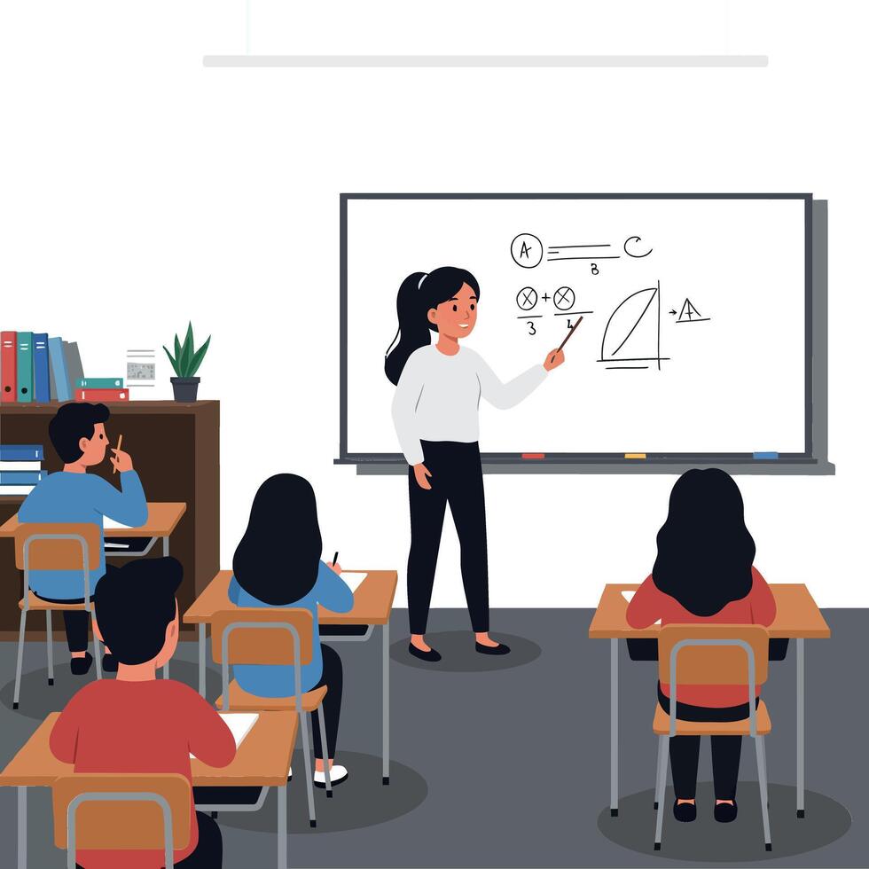 Teacher presenting mathematical concepts to students in a classroom setting with flat design art vector
