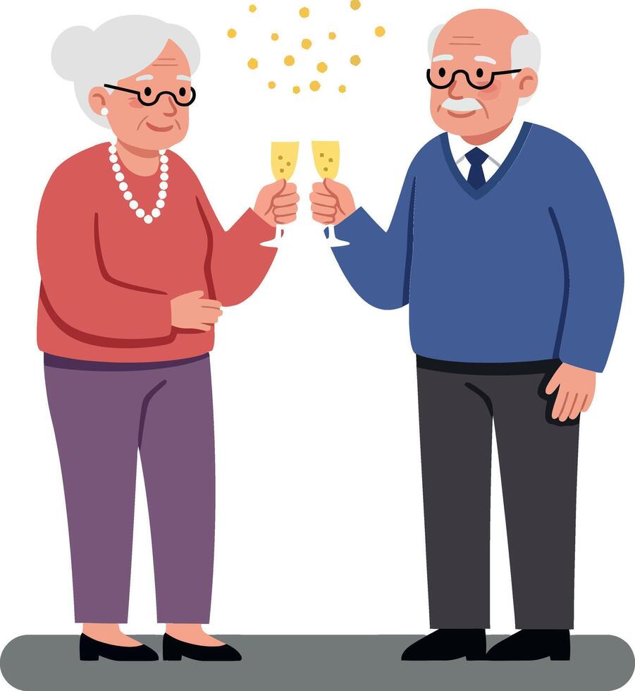 Happy elderly couple celebrating with glasses in a flat, minimal art style illustration vector
