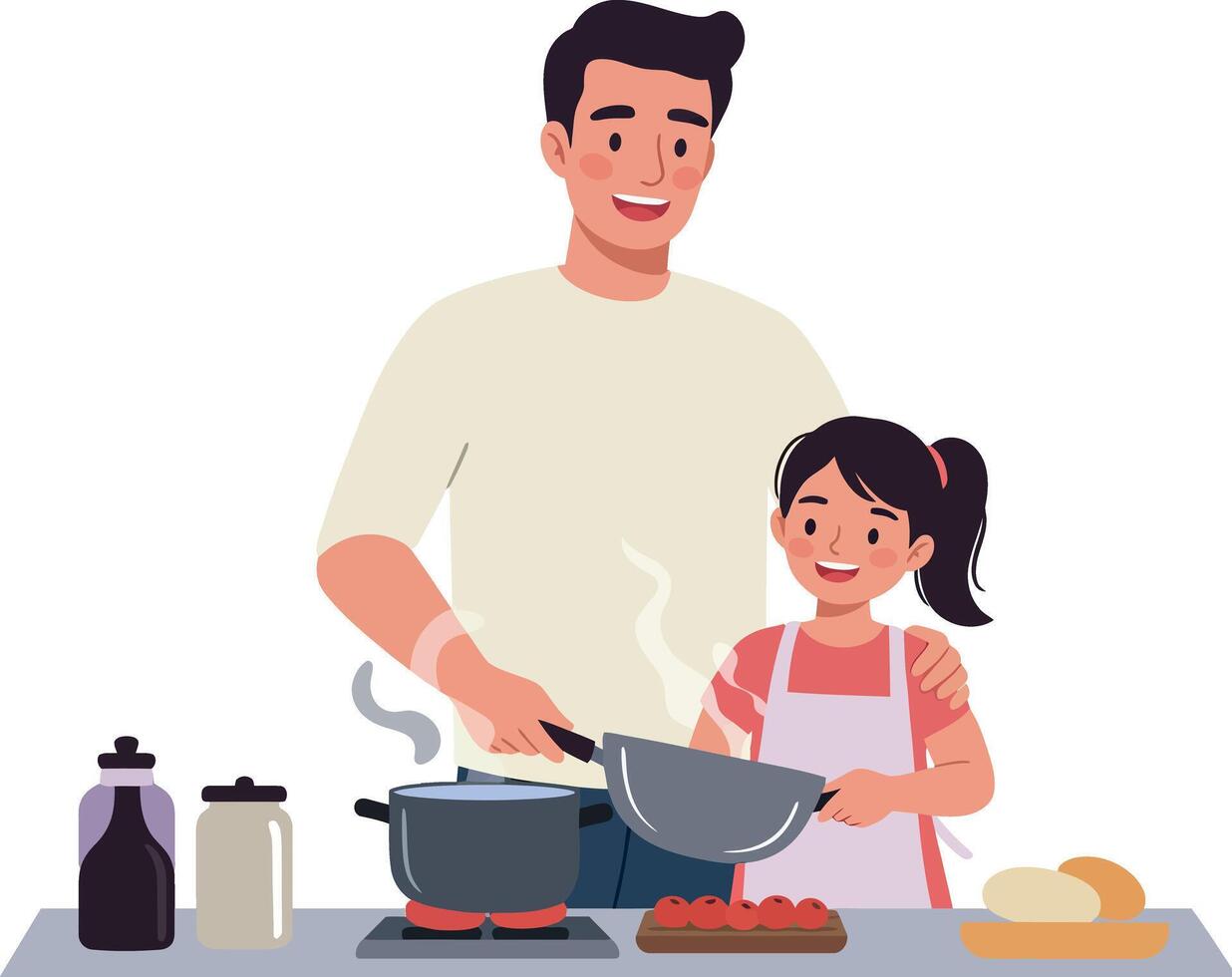 Father and daughter cooking together in a bright and cheerful kitchen, flat illustration vector