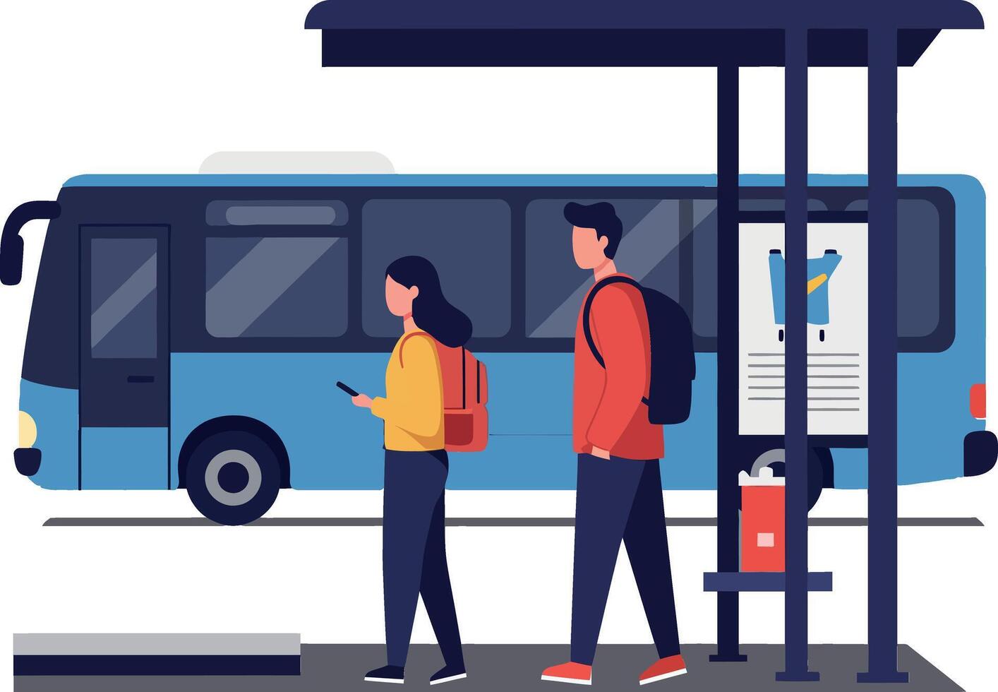 Bus stop scene with two people walking in minimal style art vector