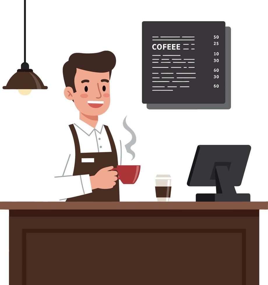 Coffee shop barista serving warm beverage in flat, colorful, minimal illustration vector