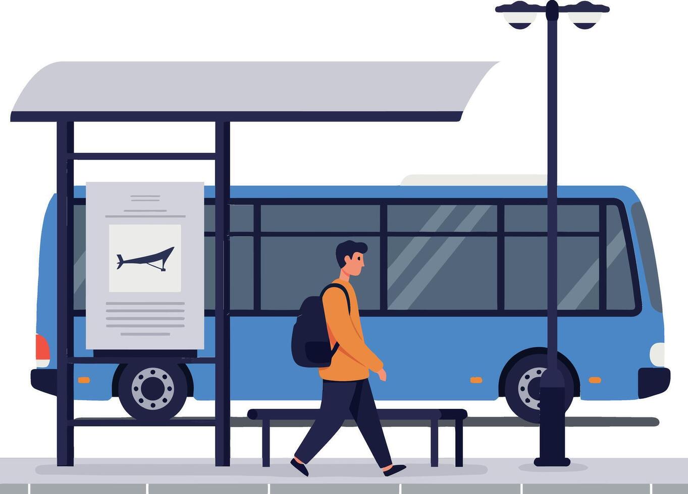 Bus stop scene featuring a man walking, minimal design with blue bus, flat illustration vector