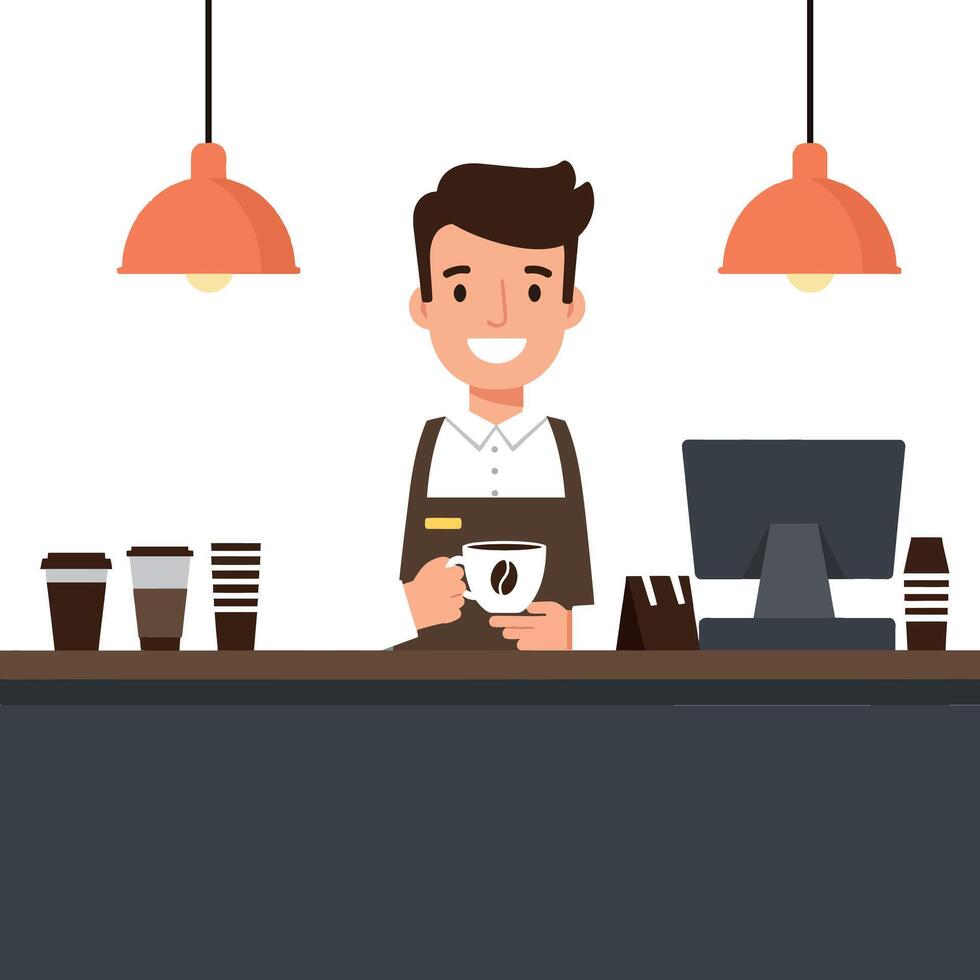 Coffee shop barista smiling while serving customers in flat illustration style with modern design elements vector