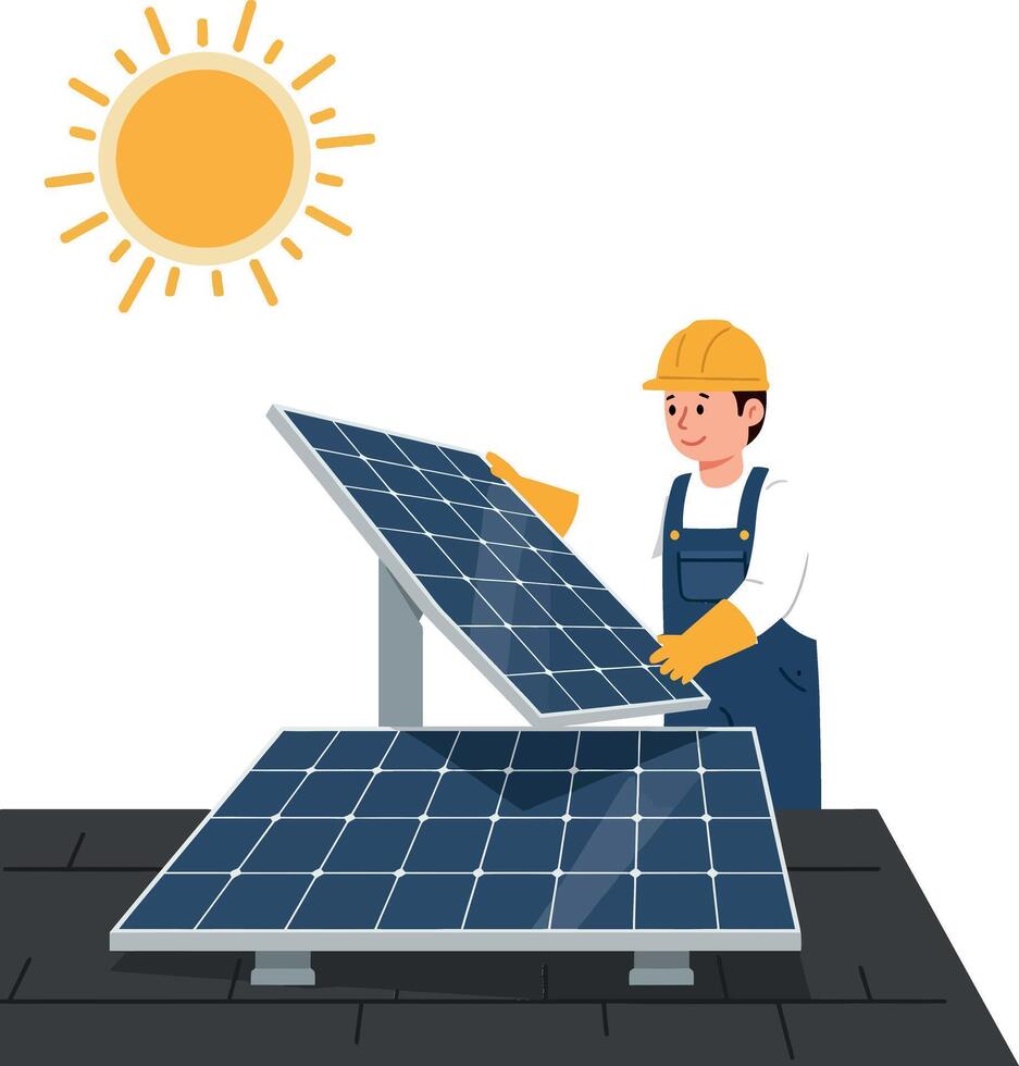 Solar panel technician adjusting panels under bright sun in flat art style showcasing renewable energy illustration vector