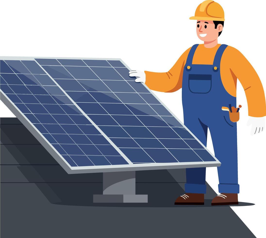 Worker installing solar panel on roof in flat, colorful, cheerful design illustration vector