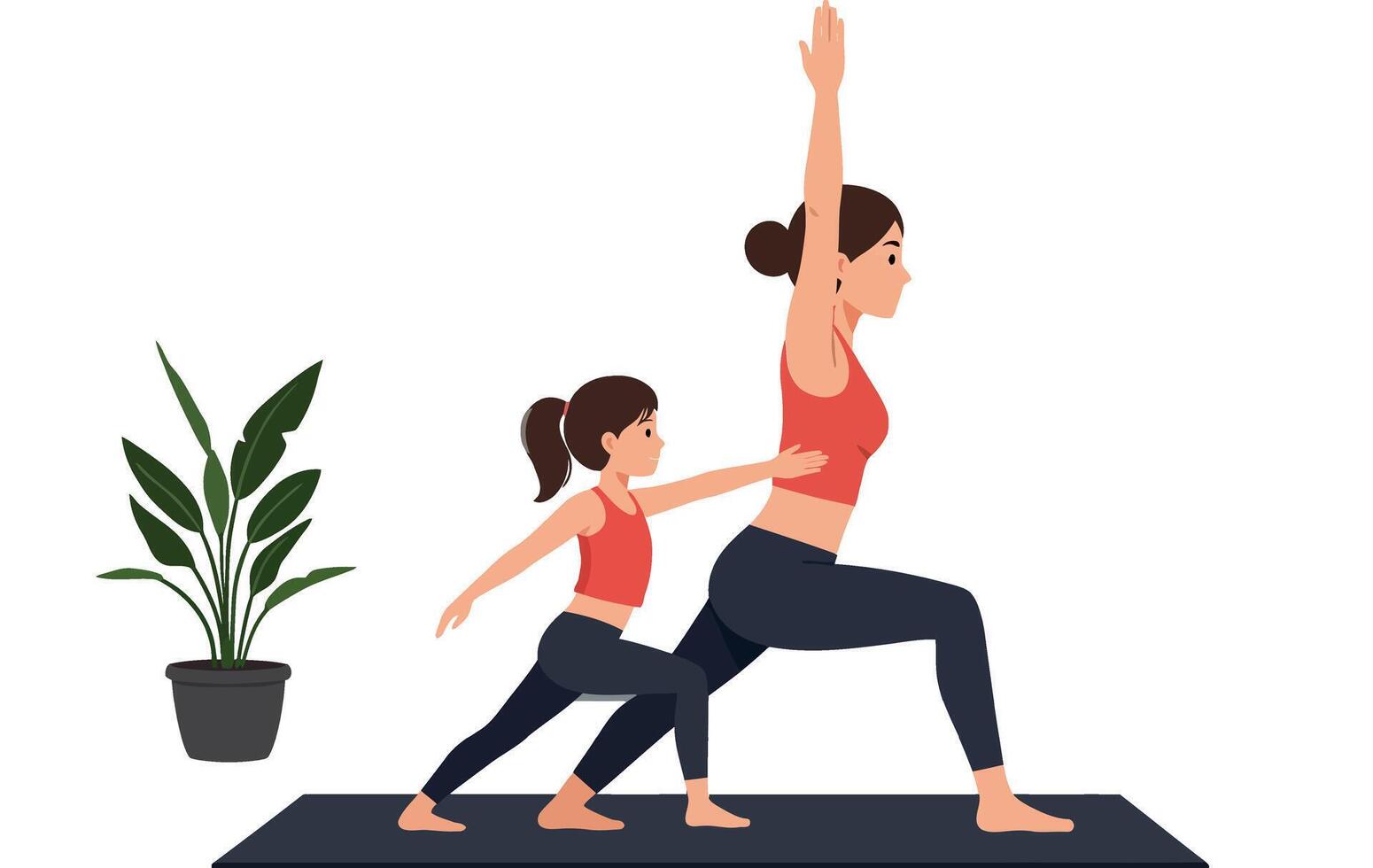 Mother and daughter practicing yoga in flat design style with plant, illustration vector