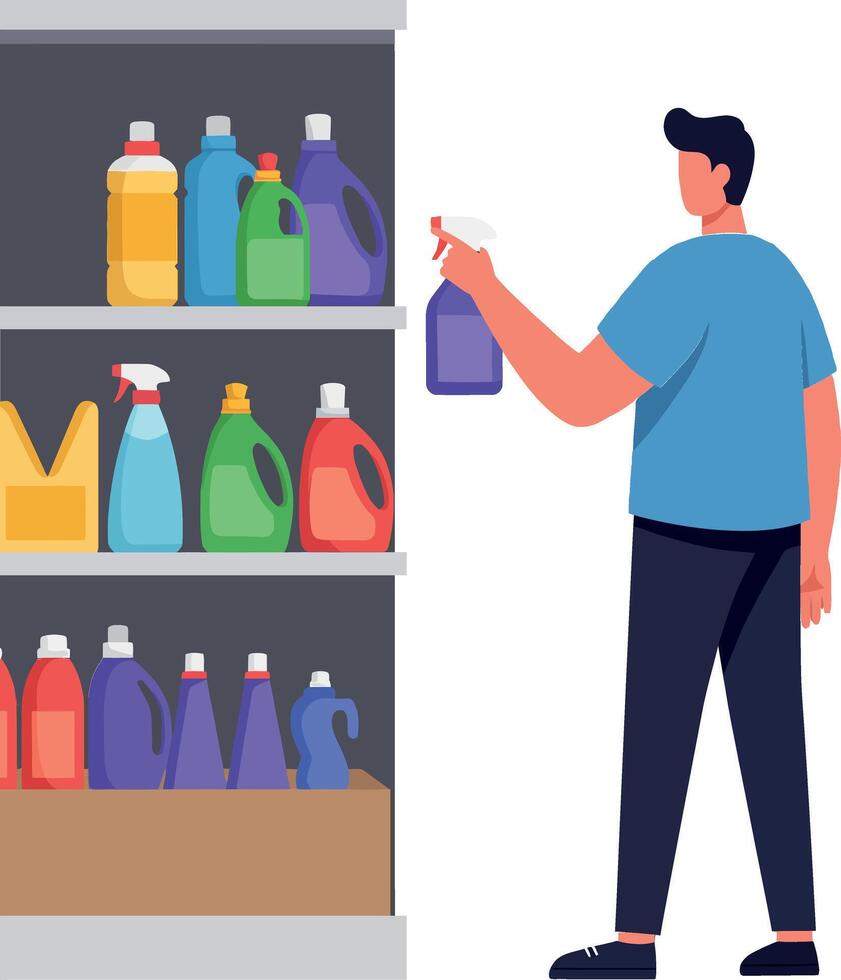 Person selecting cleaning supplies from a colorful shelf in flat art style illustration vector