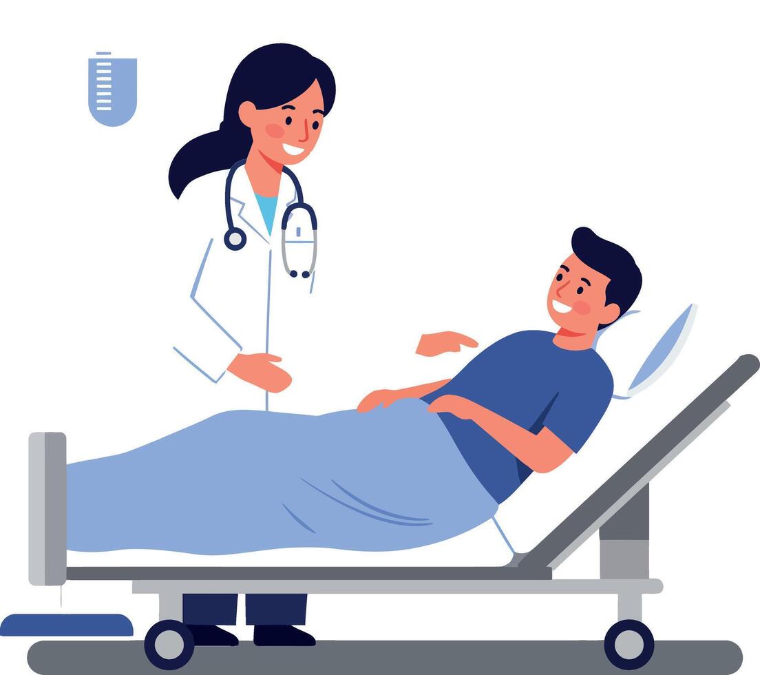 Doctor interacting with patient in a hospital setting, flat design style illustration vector