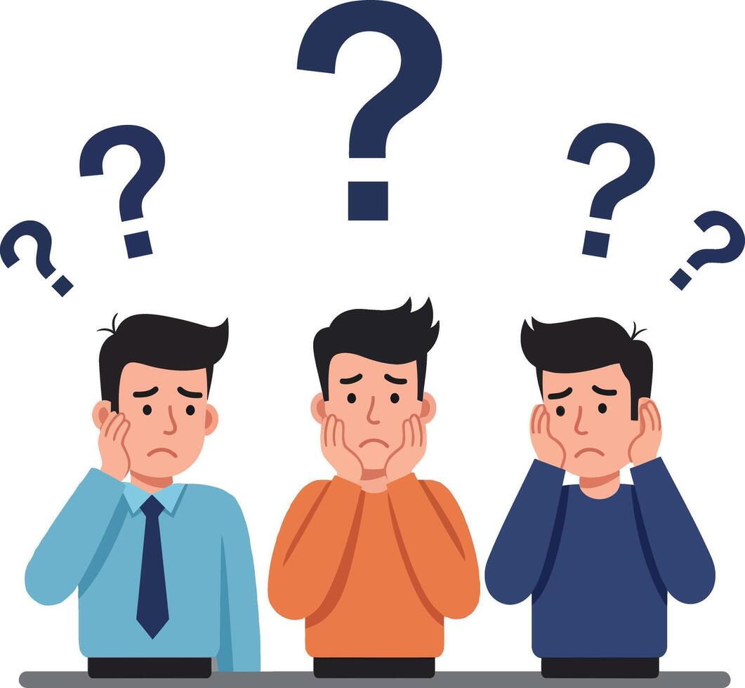 Three confused men in flat design style pondering questions in illustration vector