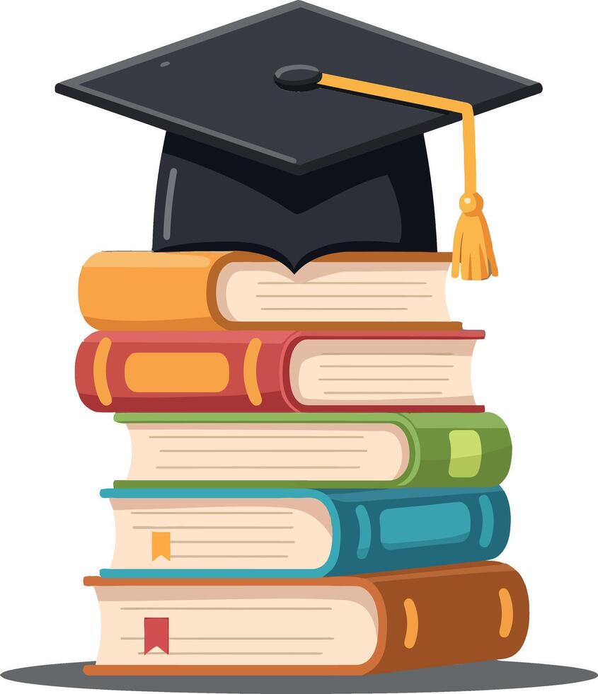 Stack of colorful books topped with a graduation cap in a flat art style vector