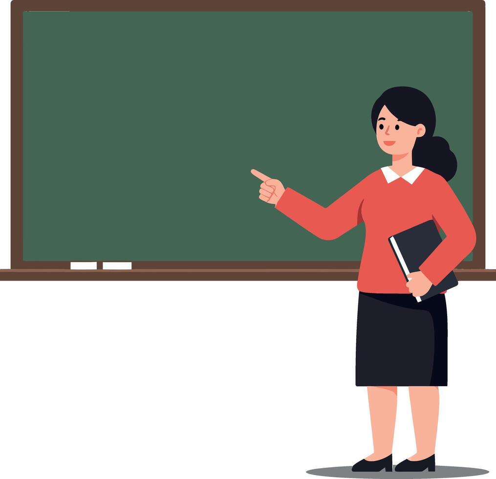 Teacher presenting information in front of a chalkboard in flat, minimal art vector