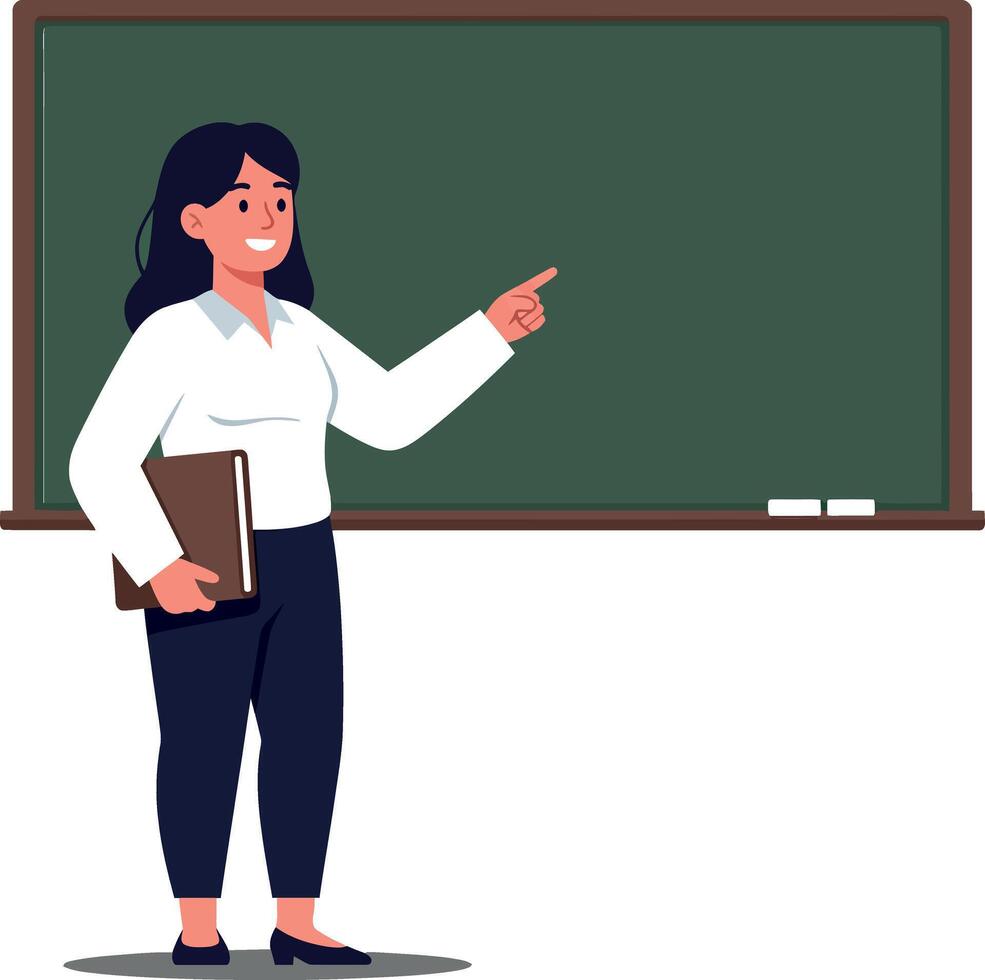 Teacher standing by blackboard pointing with one hand, flat design art illustration vector