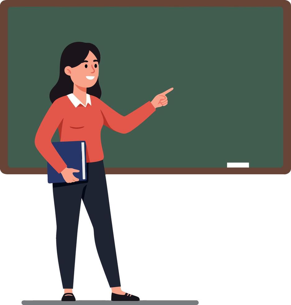 Teacher presenting information in a classroom with a chalkboard in flat art style vector