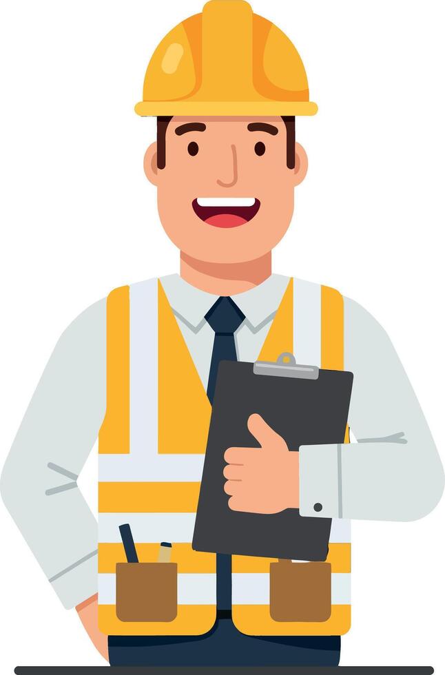 Construction worker wearing a hard hat and safety vest in a flat illustration style vector