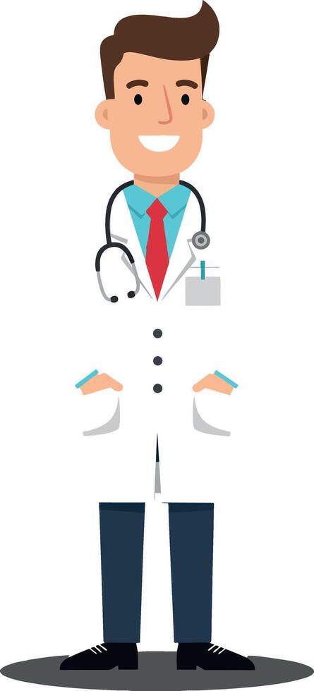 Doctor character standing confidently in flat design with stethoscope and cheerful expression in art vector