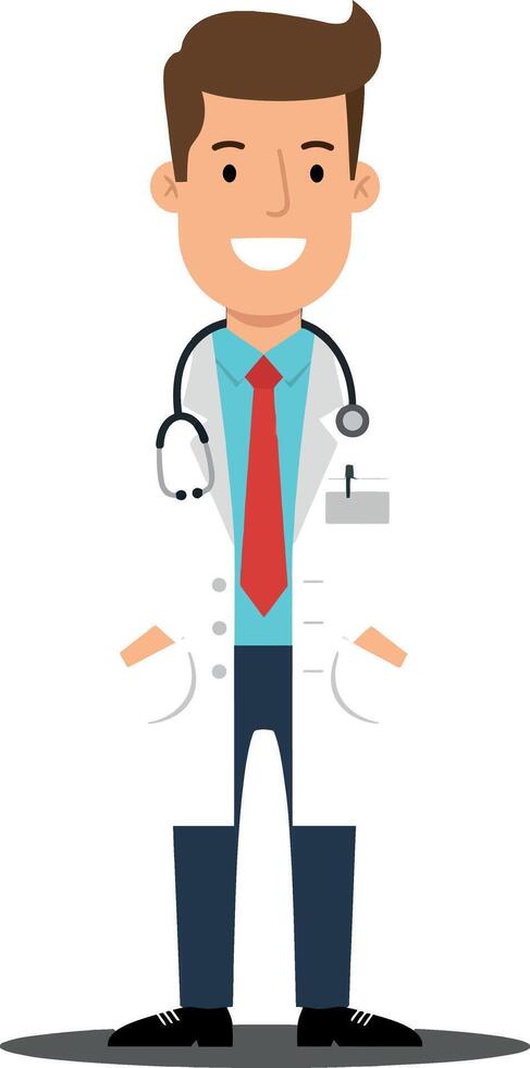 Doctor standing confidently in a white coat with a stethoscope, minimal flat art illustration vector