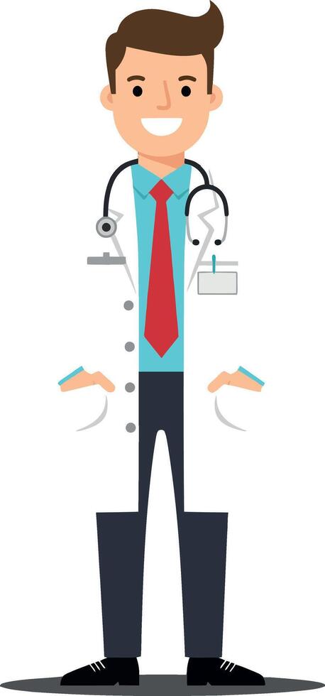 Doctor character in white coat with stethoscope in flat art style showcasing professionalism and approachability in healthcare illustration vector