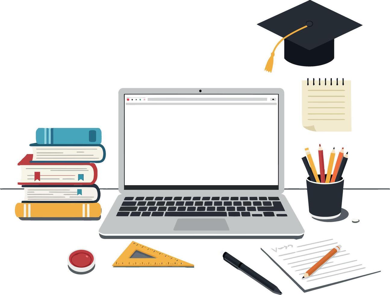 Laptop and school supplies arranged for studying in minimal flat art vector