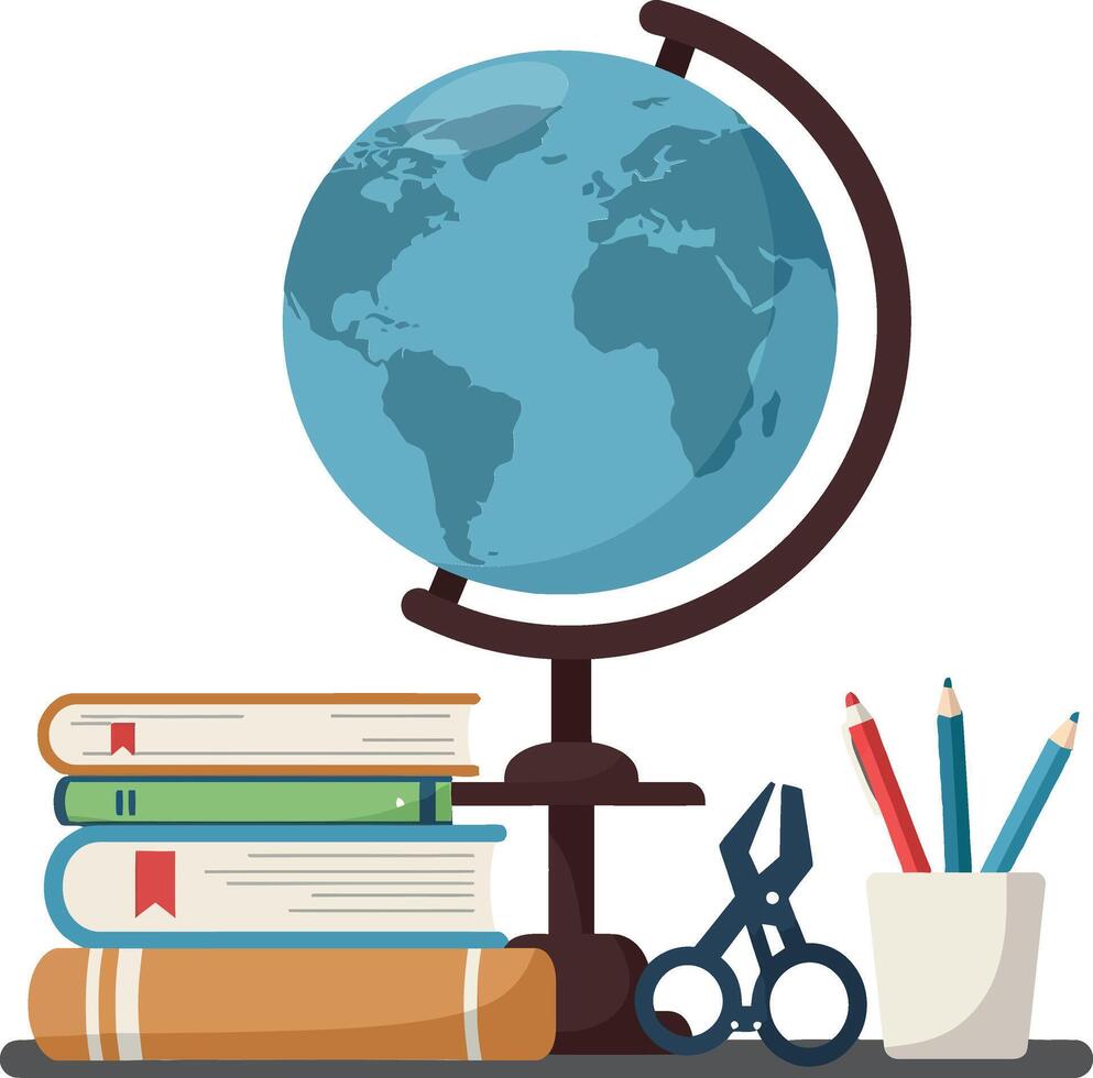 Globe surrounded by books, scissors, and pencils in a flat design art vector