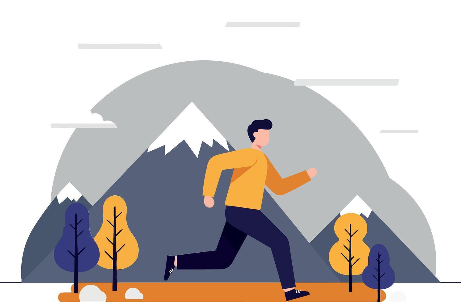 Person running through a scenic mountain landscape in minimal flat illustration vector
