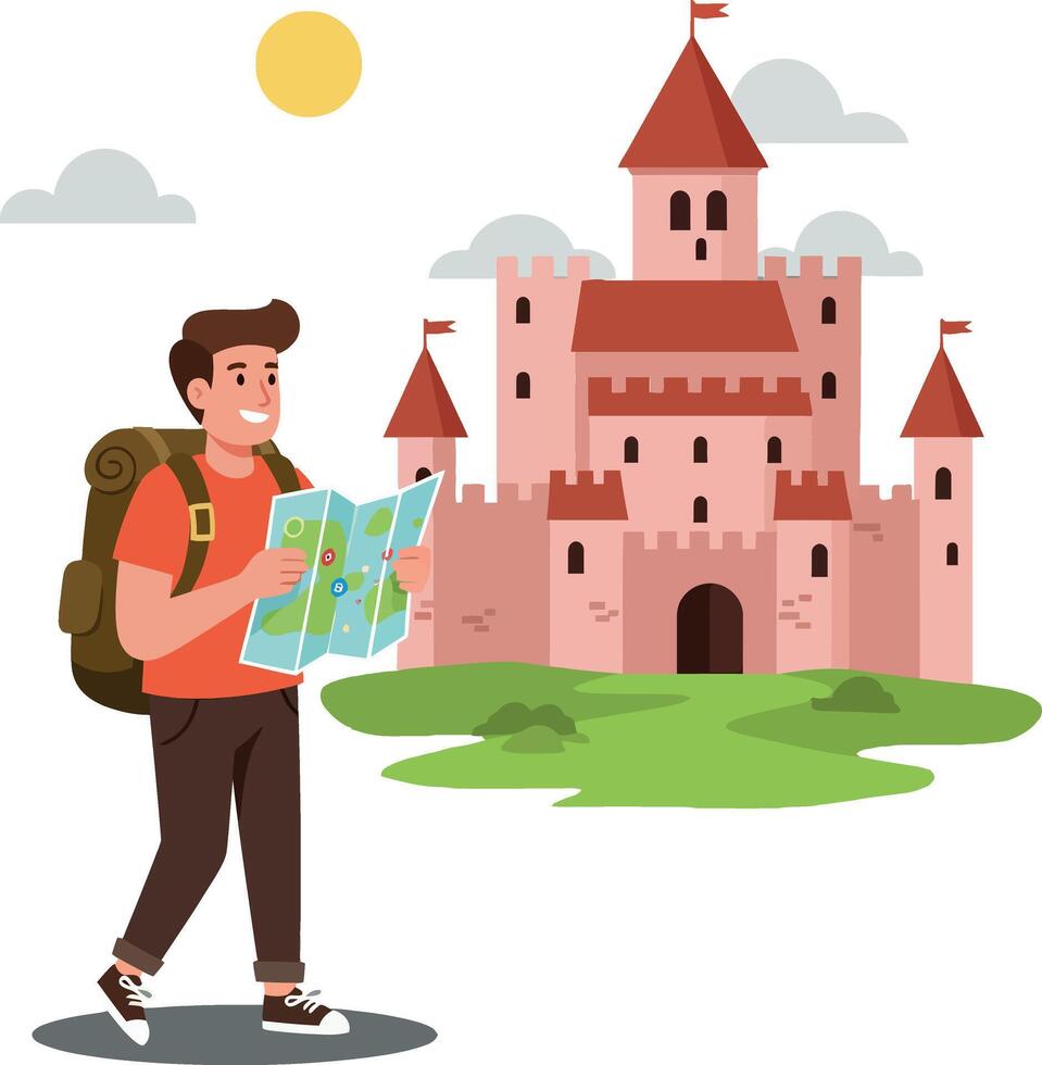 Adventurous traveler exploring a magical castle landscape in flat colorful art vector