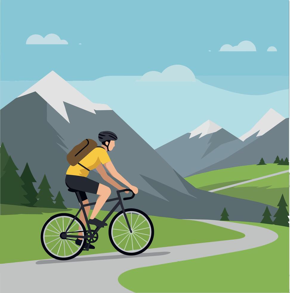 Bicyclist Riding Along Scenic Mountain Path in Flat Design Art vector