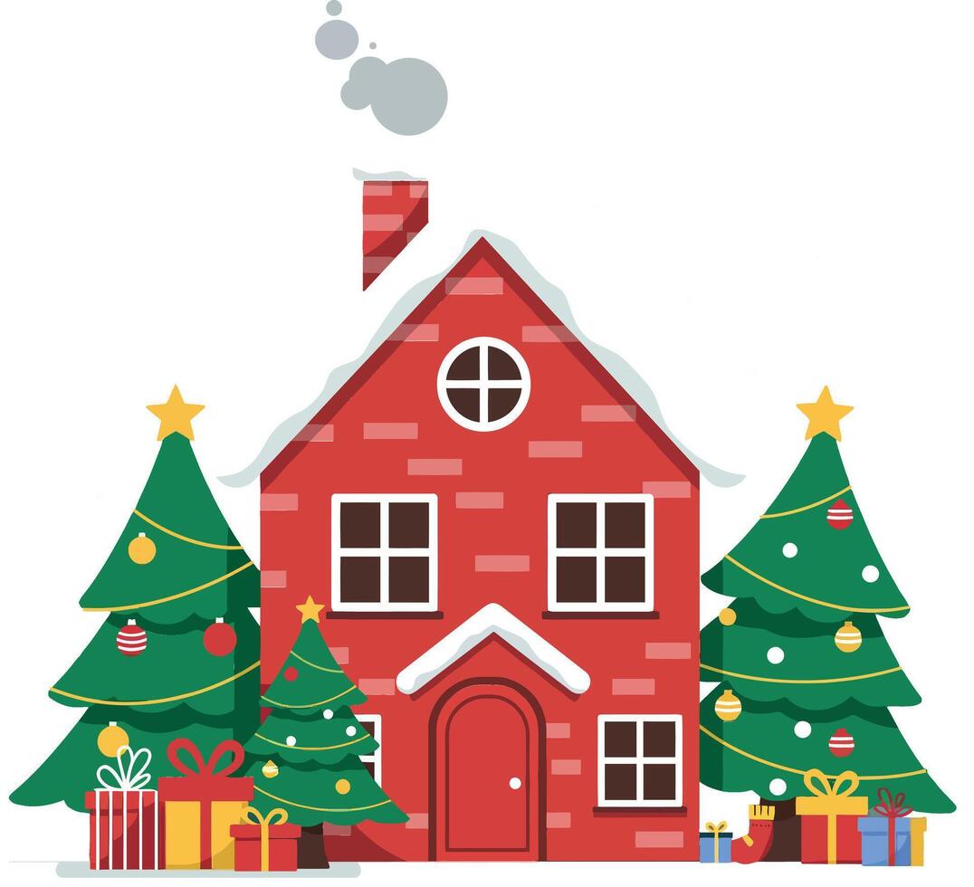 Cozy red brick house decorated for Christmas with trees and gifts in flat art vector