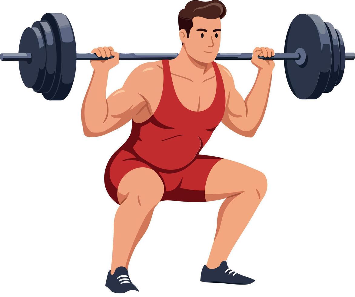 Weightlifting athlete performing a squat action in flat style art illustration vector