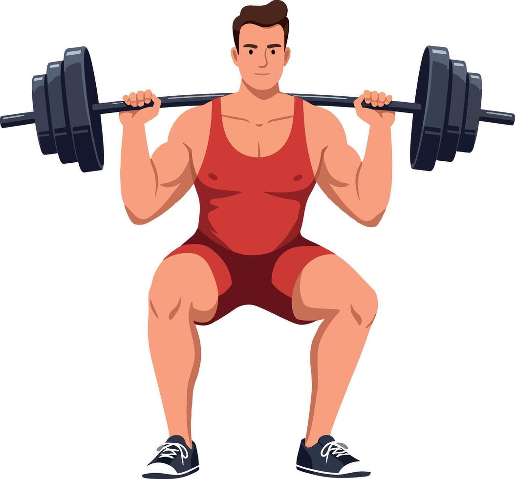 Strong man lifting heavy weights during a squat exercise in flat illustration style art vector