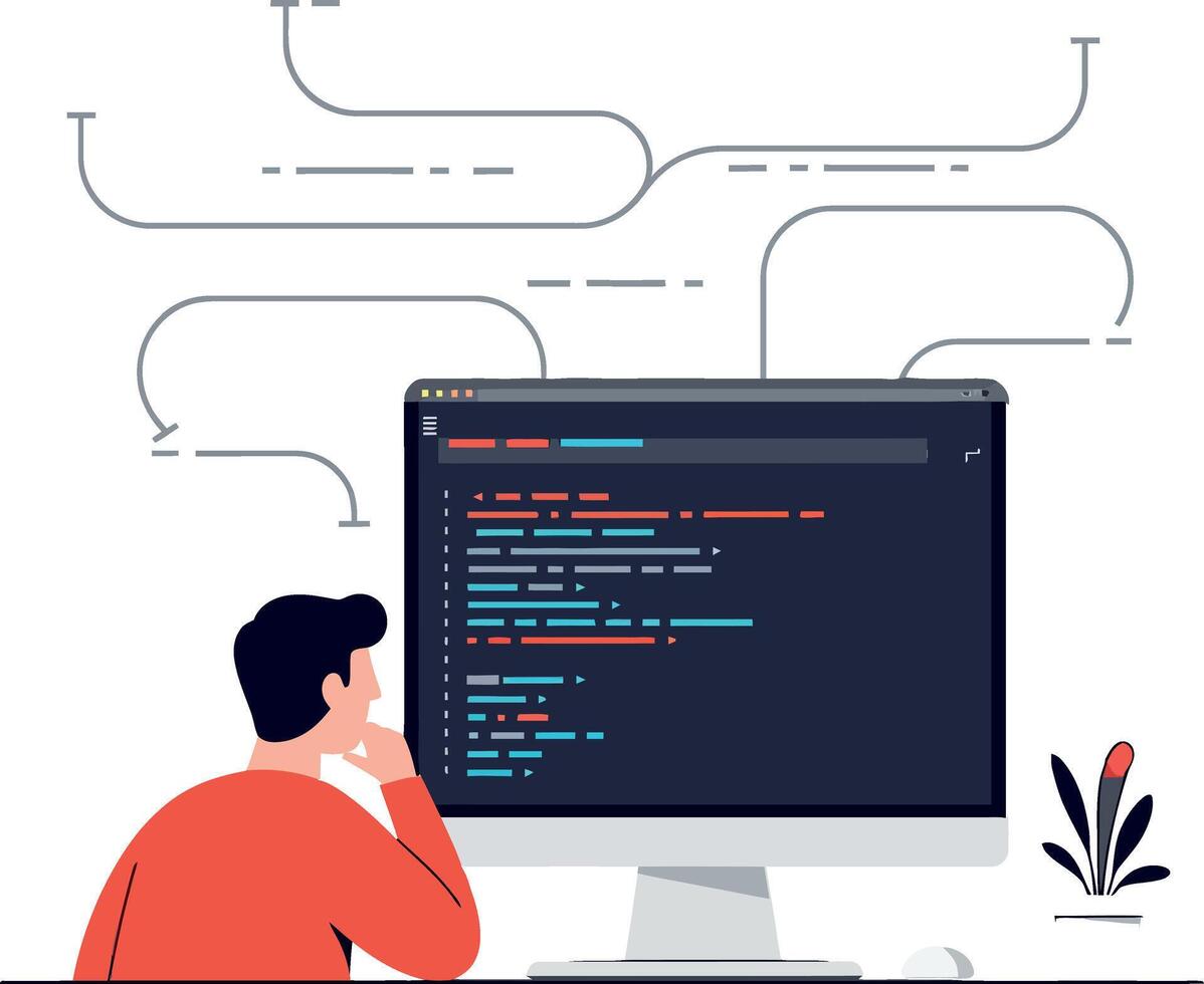 Person coding on computer with colorful code and abstract lines above vector
