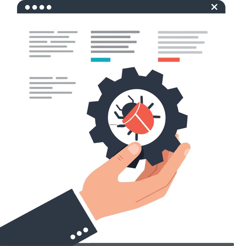 Hand holding a gear with a bug symbol in a web browser interface vector