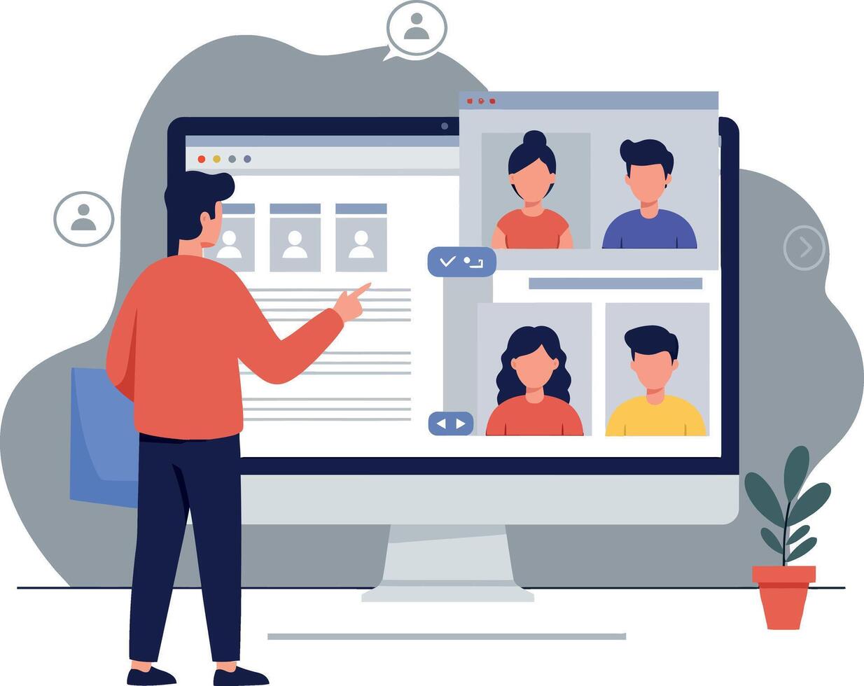 Person interacting with computer screen during a virtual meeting session vector