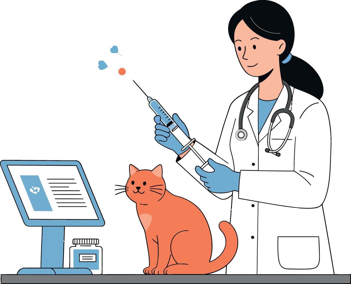 Veterinarian administering vaccine to an orange cat in a clinic vector